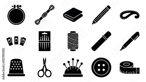 Set of black sewing and tailoring icons featuring various tools and supplies for needlework, dressmaking, and embroidery presented in a minimalist glyph style