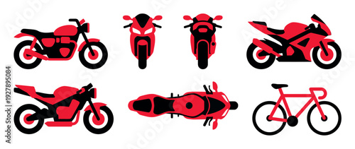 Various red and black stylized motorcycle and bicycle vector icons are presented in a clean, graphic illustration, showcasing different perspectives and types of two-wheeled vehicles