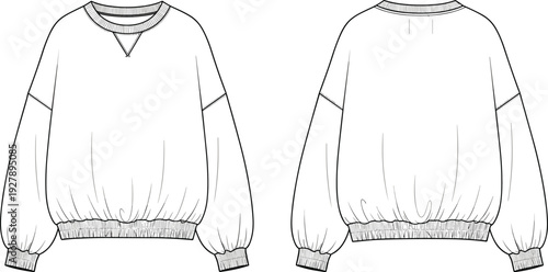 Oversized crewneck sweatshirt and women's skirt collection including tiered maxi, belted wrap, and column slit styles, cad drawing flat vector illustration