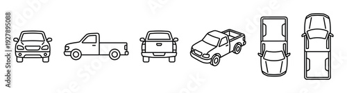 Pickup truck icon set with different views including front, side, rear, top, and isometric perspectives in a simple black and white line art vector style illustration
