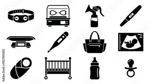 Collection of black glyph icons representing pregnancy, childbirth, and newborn baby care items like an incubator, ultrasound, crib, bottle, and pregnancy test in a flat design style