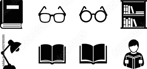 Collection of black icons representing reading and education on a white background