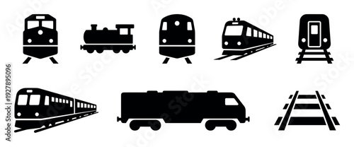 Set of black train and railway icons featuring various locomotives, passenger cars, freight vehicles, and tracks in a simple, minimalist graphic vector illustration style