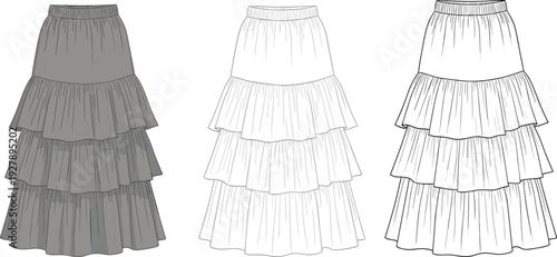 Tiered maxi skirt technical flat sketch vector illustration, ruffled long skirt cad drawing, elastic waistband fashion template for design development