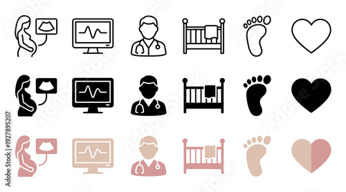 Set of pregnancy and maternity icons in outline, glyph, and color styles showing ultrasound, doctor, crib, and newborn symbols for medical and healthcare concepts