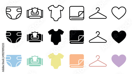 Set of baby care vector icons including a diaper, wet wipes, bodysuit, and blanket, presented in three different styles: outline, solid glyph, and pastel colors