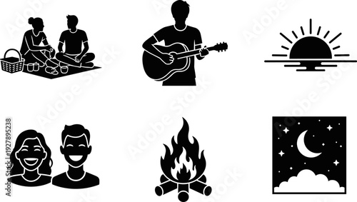 Collection of outdoor activity icons including picnic, guitar, sunrise, couple, campfire, and night sky