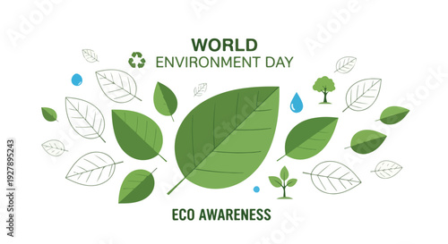 Illustration of green leaves and eco awareness text on white background for World Environment Day