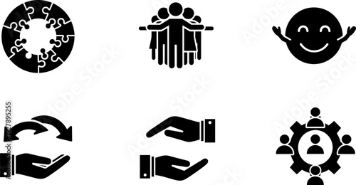 Set of six black icons representing teamwork, collaboration, and support concepts