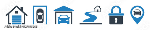 Set of blue and gray icons representing home, garage, car parking, driveway, security lock, and vehicle location for real estate and automotive concepts in a flat vector style