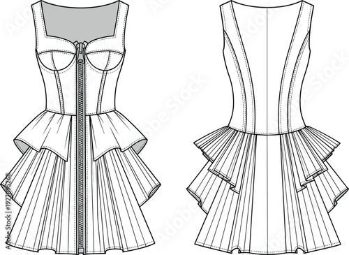 Technical Flat Sketch of Women's Corset Mini Dress with Front Zipper and Layered Ruffle Skirt CAD Drawing Flat Vector Illustration