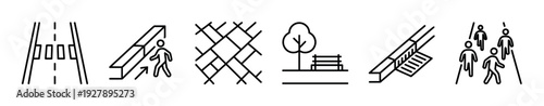 Set of six urban infrastructure line icons showing a crosswalk, escalator, street map, park bench, and pedestrians for user interface and web design elements