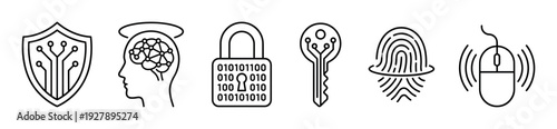 Set of black line art icons representing cybersecurity concepts like a circuit shield, AI brain, binary padlock, digital key, fingerprint scanner, and computer mouse