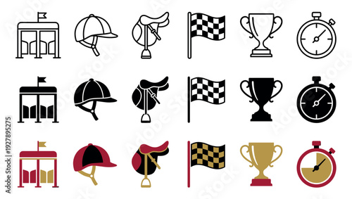 Equestrian sport and horse racing icon set featuring a starting gate, helmet, saddle, checkered flag, trophy, and stopwatch in line, solid, and color vector styles