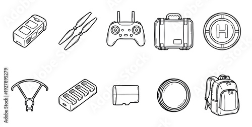 Collection of drone photography accessory icons featuring a remote controller, battery, propellers, landing pad, and backpack, presented in a clean black outline doodle illustration