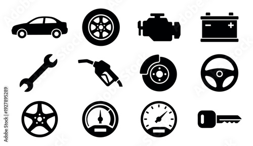 Set of black automotive service icons representing various car parts and maintenance symbols like an engine, battery, wheel, brake, fuel pump, steering wheel, and key