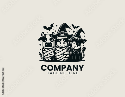 Three cows wearing mummy ghost and witch costumes black vector logo illustration