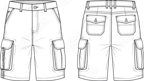 Men casual white cargo shorts with large side flap pockets and button back detail fashion technical sketch cad drawing flat vector illustration