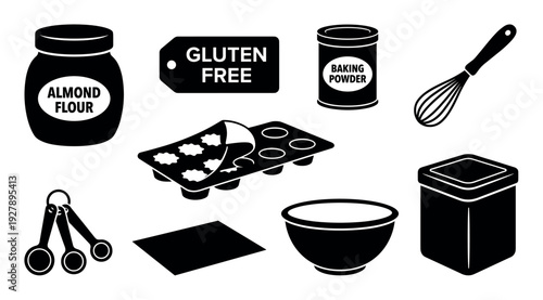 Black and white graphic icon collection of gluten-free baking essentials, featuring almond flour, baking powder, a whisk, measuring spoons, a bowl, and a muffin tin
