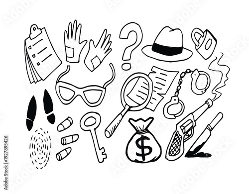 Hand drawn doodle icons criminal theme. Vector illustration