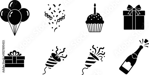 Collection of black celebration icons including balloons, confetti, cupcake, gifts, and champagne