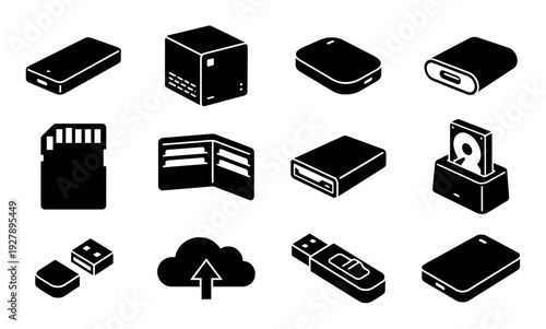 Set of black data storage icons including hard drives, flash drives, memory cards, and cloud storage symbols in a clean, minimalist isometric glyph style for technology concepts