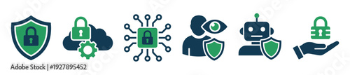 Set of green and blue cybersecurity icons for digital protection concepts, featuring a shield, padlock, cloud, microchip, robot, and user privacy symbol