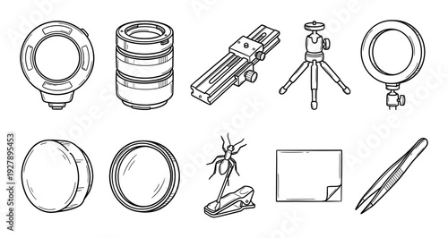 Hand-drawn set of macro photography equipment for shooting insects, including a ring flash, extension tubes, focusing rail, and tripod in a black and white line art style