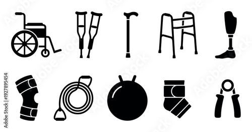 Collection of black silhouette rehabilitation icons including a wheelchair, crutches, walker, prosthetic leg, and various physical therapy and fitness equipment items