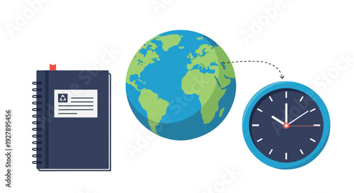Flat lay of a notebook, globe, and clock on a white background with a simple and organized composition.
