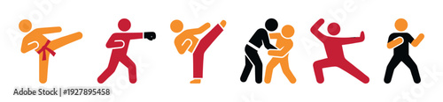 Set of colorful martial arts pictograms showing fighters in various combat poses including kicking, punching, grappling, and defensive stances in a minimalist graphic style