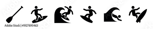 Set of black surfing and watersport icons showing various surfers riding waves, wiping out, and a paddle in a minimalist silhouette style for graphic design elements