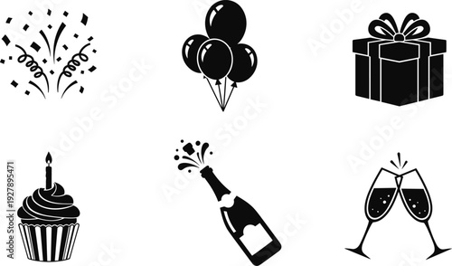 Collection of six black and white celebration icons including confetti, balloons, gift, cupcake, champagne, and glasses
