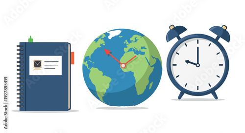 Flat lay of a blue notebook, a globe with red airplane and a blue alarm clock on a white background.