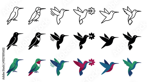 Collection of hummingbird icons in various styles including line art, silhouette, and flat color, showing the small birds standing, flying, hovering, and holding a flower