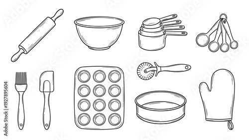 Collection of black and white baking tools including a rolling pin, mixing bowl, muffin tin, and oven mitt in a hand-drawn doodle illustration style for culinary projects