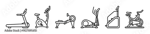 Set of gym exercise equipment icons including a treadmill, stationary bike, rowing machine, elliptical trainer, and stepper, rendered in a clean black line art style