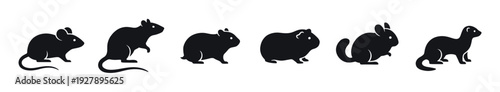 Collection of black rodent and mammal silhouettes including a mouse, rat, hamster, guinea pig, chinchilla, and ferret, presented as a minimalist graphic icon set in a simple style