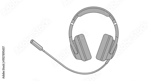 Simple gray wired headphones with microphone on white background.