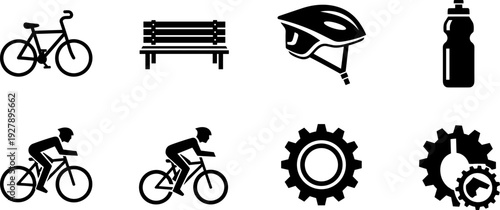 Collection of bicycle and cycling related icons including a bike, helmet, and gears