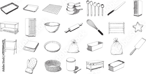 Hand Drawn Bakery Kitchen and Baking Tools Illustration Collection