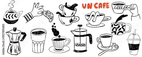 Hand drawn chalk coffee set. Crayon La dolce vita doodle print design with coffee in doodle naive ink drawing style. Minimalist line art. Vector Illustration for prints, posters, placards, menus, cafe