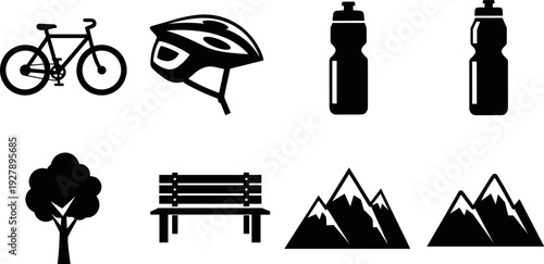 Collection of outdoor activity and nature icons including bicycle, helmet, water bottles, tree, bench, and mountains
