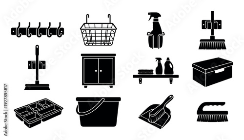 Collection of black glyph icons representing household cleaning and storage equipment, featuring a mop, bucket, spray bottle, dustpan, and various containers for home organization