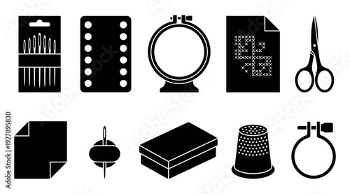 Black silhouette icons set for sewing and embroidery showing various tools like needles, scissors, a hoop, and a thimble for needlecraft hobbies and handmade projects