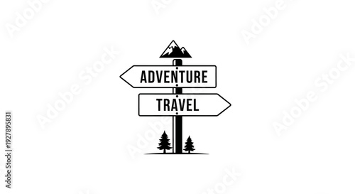 Adventure Travel Signpost with Mountain and Pine Trees Icon - Direction Choice Concept