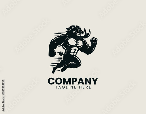Muscular wild boar running with clenched fists black vector logo illustration