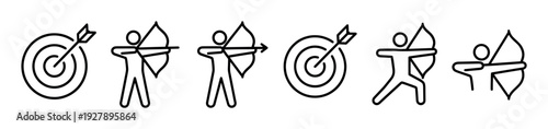 Black line art archery icon set featuring a minimalist stick figure archer shooting a bow and arrow and a target with a bullseye for sport and business concepts