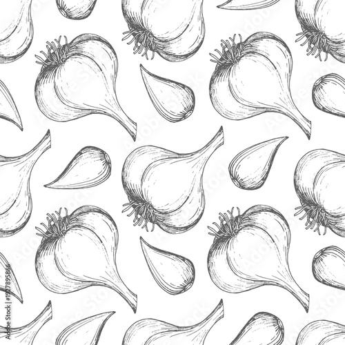 Seamless pattern of garlic. For packaging design, cards, cover, prints, product labels and fabric.