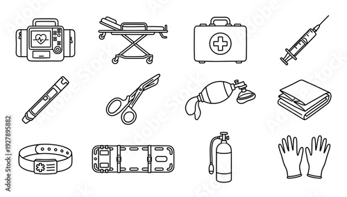 Set of black line art icons depicting emergency medical equipment including a defibrillator, stretcher, first aid kit, and syringe for paramedic and hospital themes